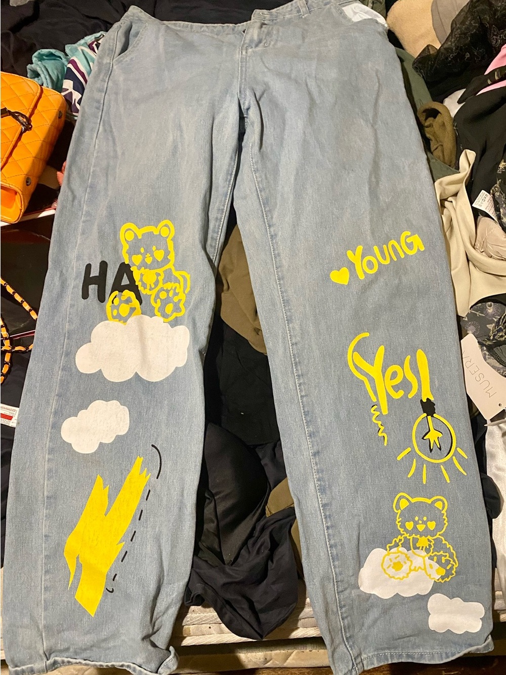 Women’s Light Blue Jeans with Yellow & White Graphic Prints